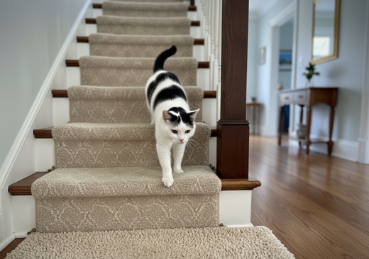 A senior black-and-white cat, representing Billy's story, carefully navigating a carpeted staircase, illustrating a common mobility challenge for cats with arthritis.